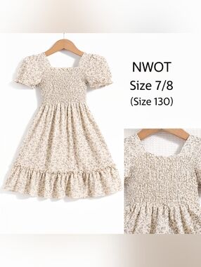Girls' Smocked Floral Dress in Cream - Kids Dress - Size 7/8 (130)
